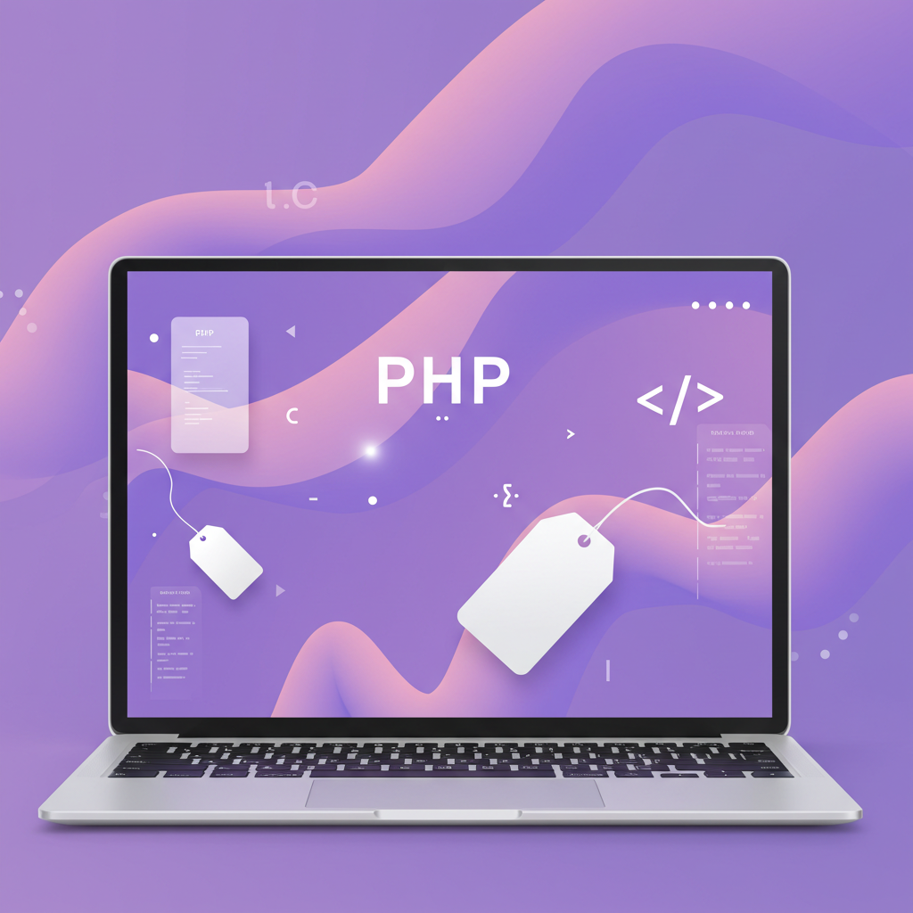 Ordenador mostrando elementos visuales relacionados con PHP, etiquetas y símbolos