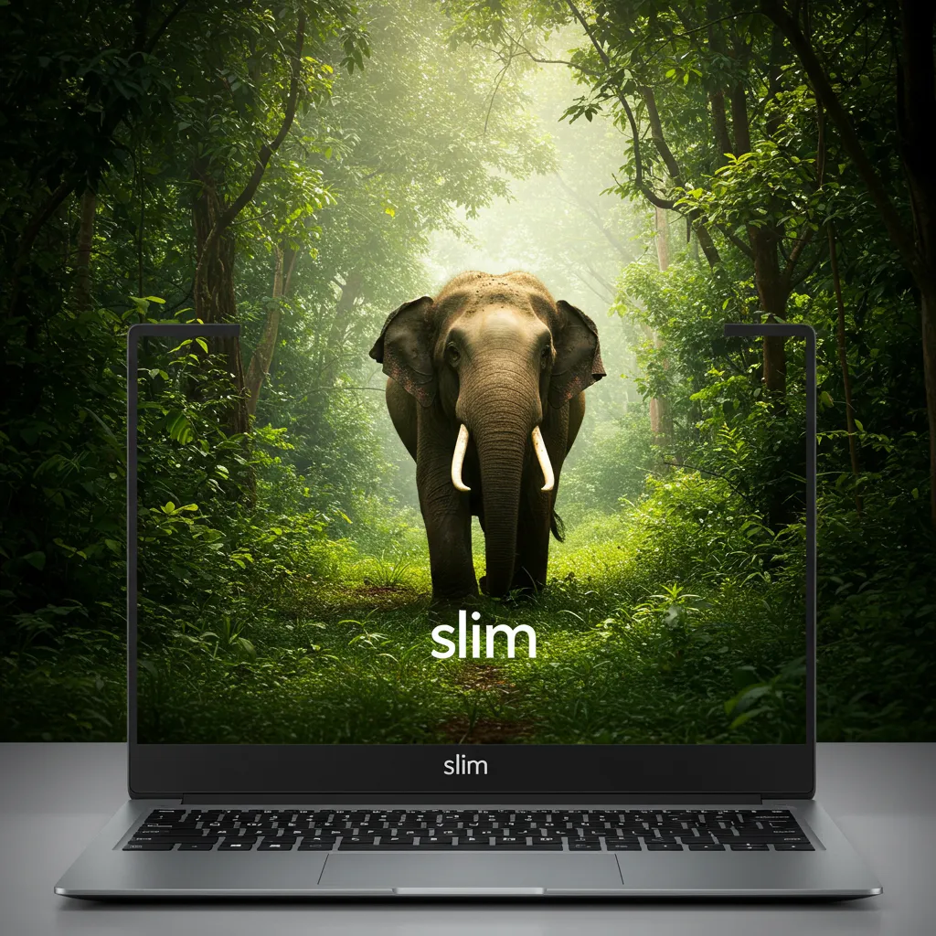 Screen showing an elephant walking through a green and leafy forest.